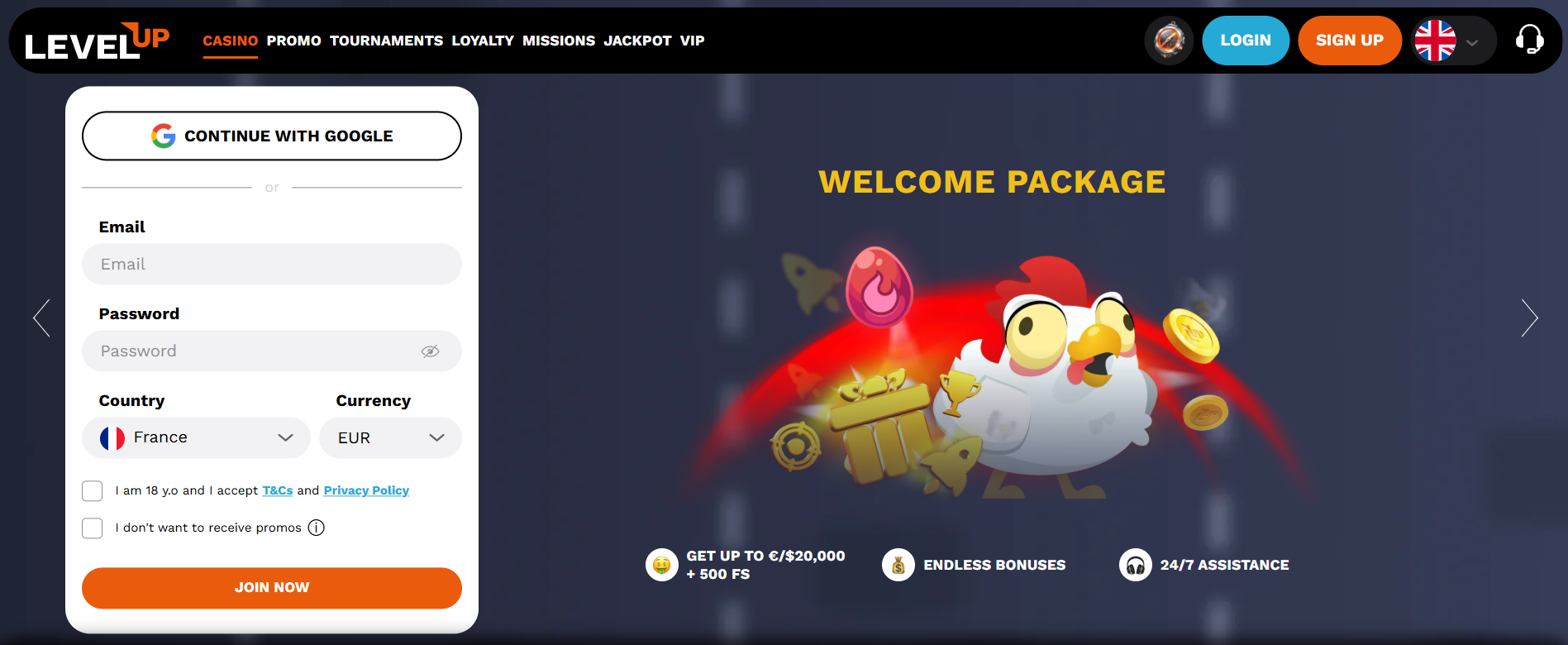 LevelUp Casino lobby