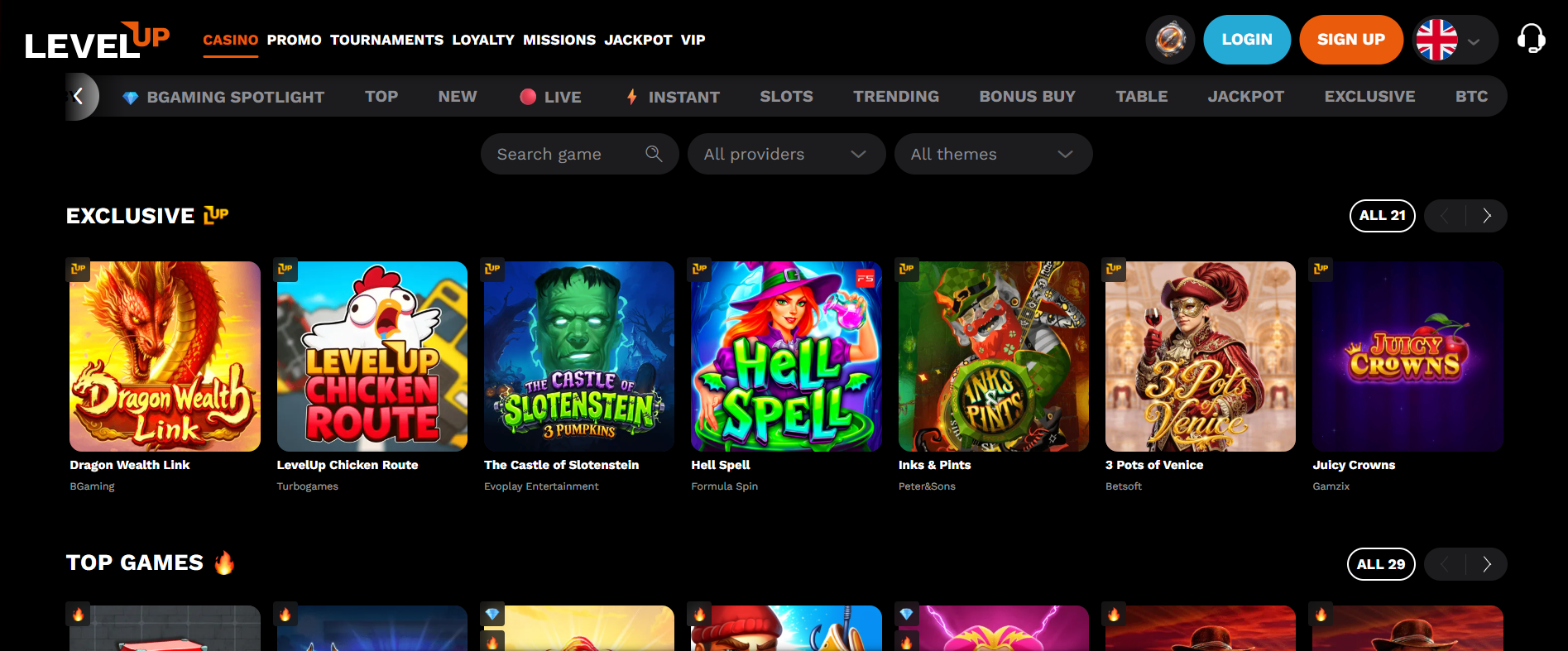 LevelUp Casino pokies page